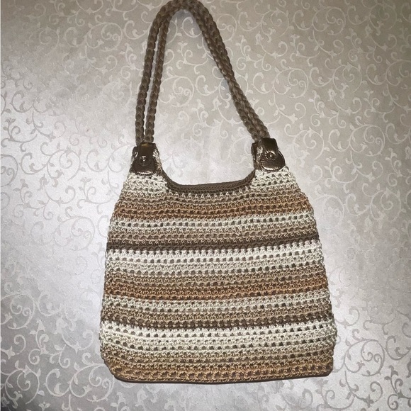 LUXY Crocheted Shoulder Bag Cream Beige Brown With Metallic Bronze Accents - Picture 1 of 16